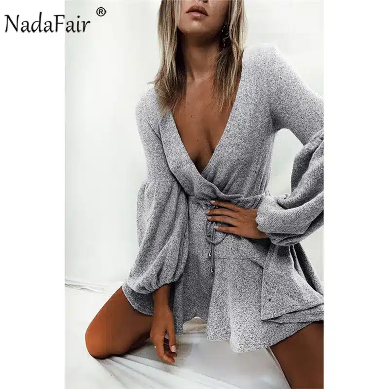 Nadafair long puff sleeve knitted autumn winter dresses women deep v neck casual elastic waist lace up sweater sexy mini dress 2