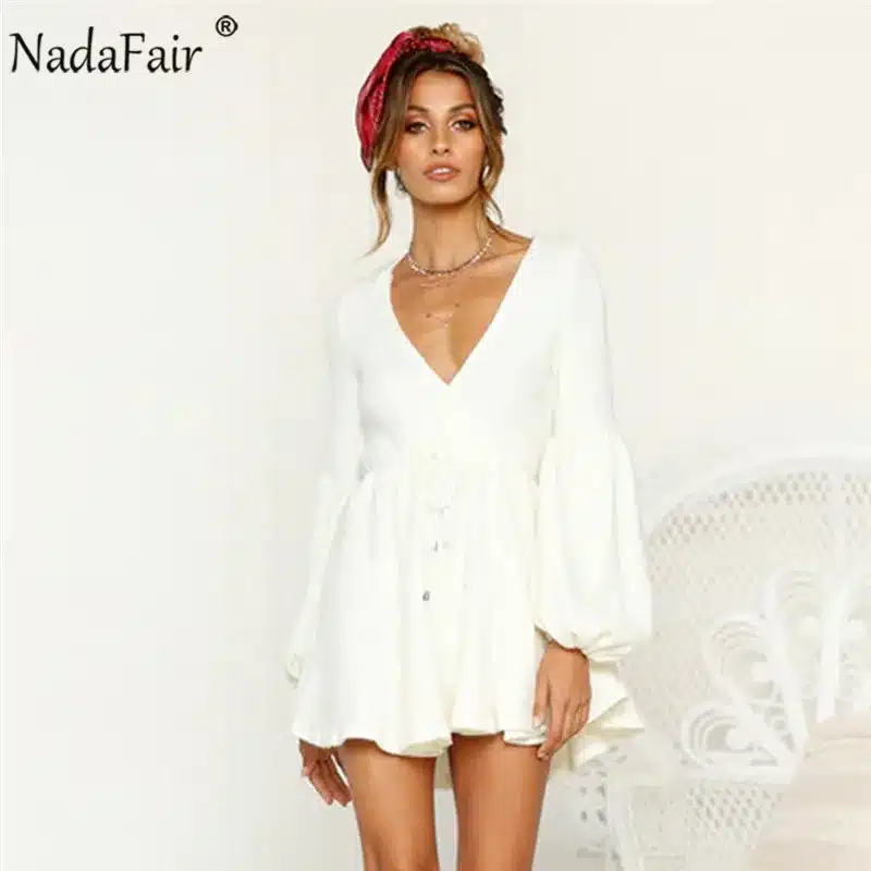 Nadafair long puff sleeve knitted autumn winter dresses women deep v neck casual elastic waist lace up sweater sexy mini dress 5