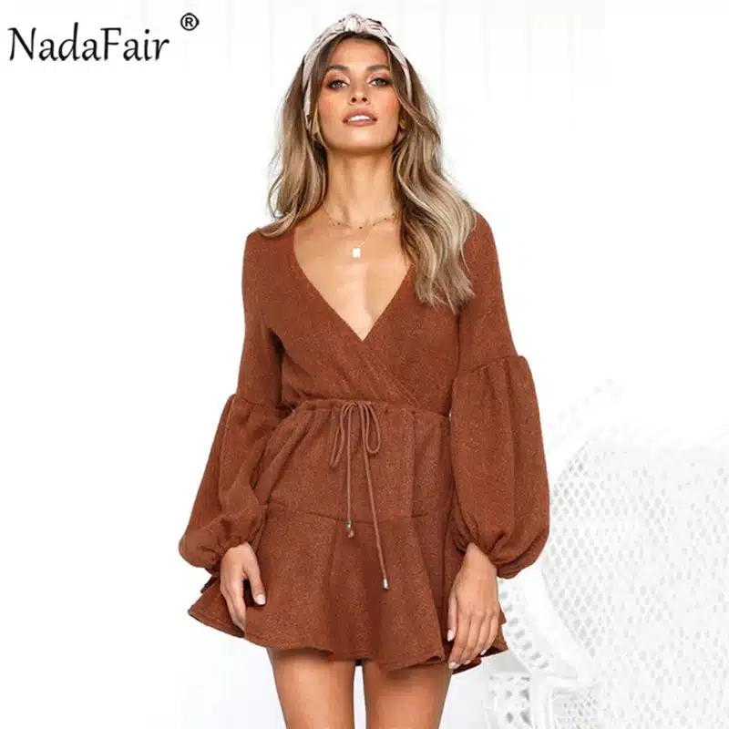 Nadafair long puff sleeve knitted autumn winter dresses women deep v neck casual elastic waist lace up sweater sexy mini dress 10