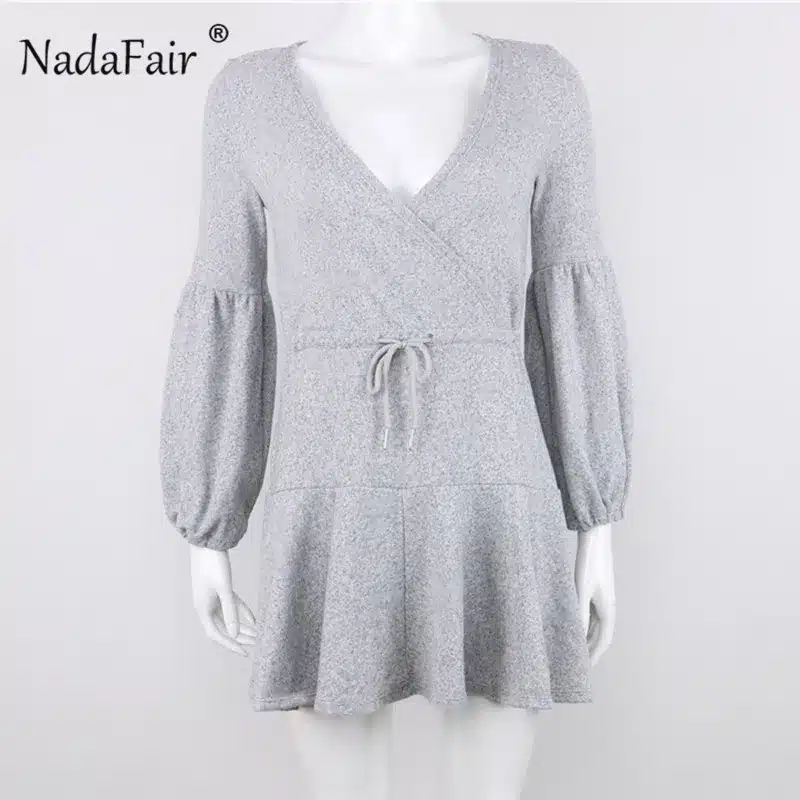 Nadafair long puff sleeve knitted autumn winter dresses women deep v neck casual elastic waist lace up sweater sexy mini dress 13