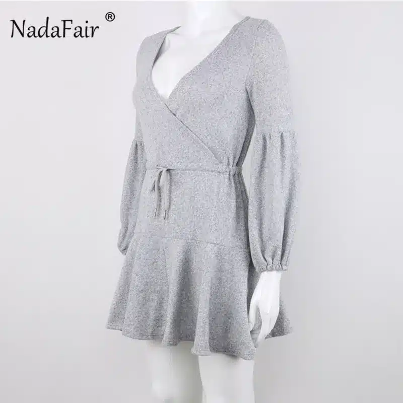 Nadafair long puff sleeve knitted autumn winter dresses women deep v neck casual elastic waist lace up sweater sexy mini dress 14
