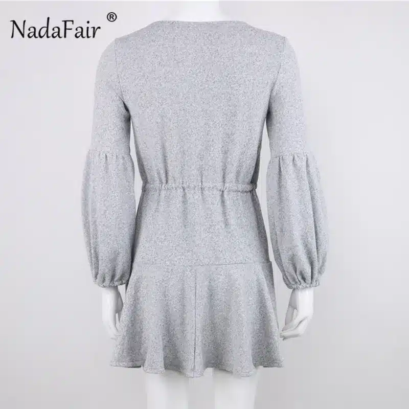 Nadafair long puff sleeve knitted autumn winter dresses women deep v neck casual elastic waist lace up sweater sexy mini dress 15
