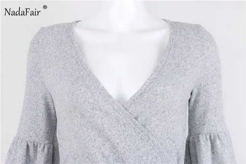 Nadafair long puff sleeve knitted autumn winter dresses women deep v neck casual elastic waist lace up sweater sexy mini dress 16