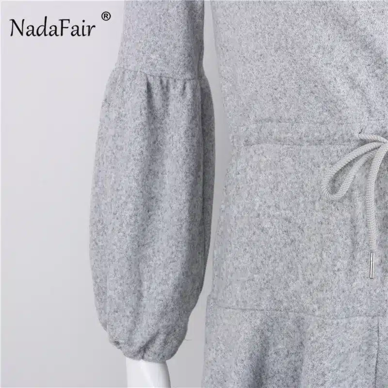 Nadafair long puff sleeve knitted autumn winter dresses women deep v neck casual elastic waist lace up sweater sexy mini dress 18