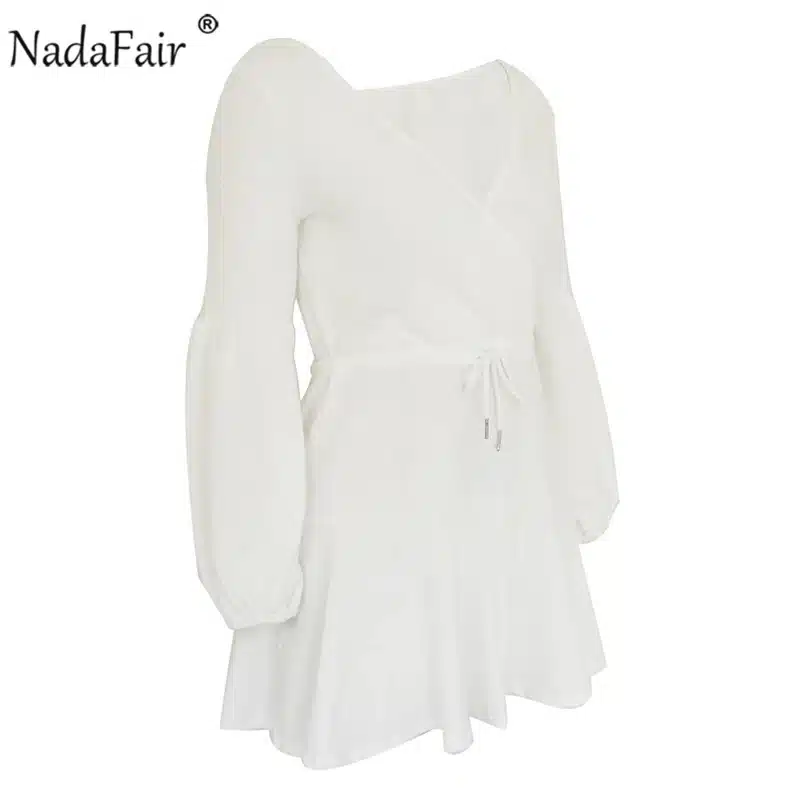 Nadafair long puff sleeve knitted autumn winter dresses women deep v neck casual elastic waist lace up sweater sexy mini dress 22