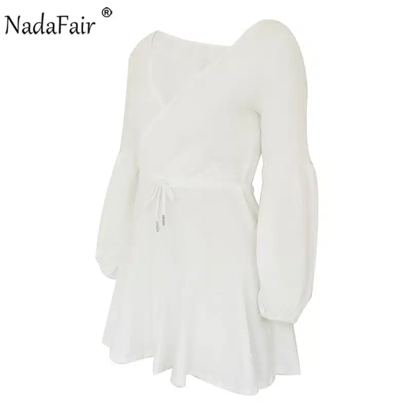 Nadafair long puff sleeve knitted autumn winter dresses women deep v neck casual elastic waist lace up sweater sexy mini dress 23