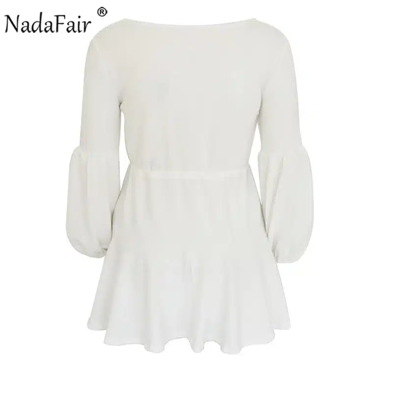 Nadafair long puff sleeve knitted autumn winter dresses women deep v neck casual elastic waist lace up sweater sexy mini dress 24