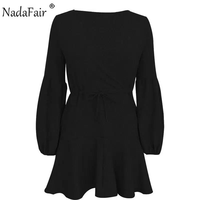 Nadafair long puff sleeve knitted autumn winter dresses women deep v neck casual elastic waist lace up sweater sexy mini dress 25