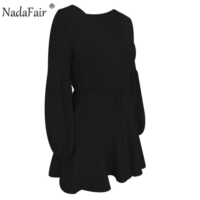 Nadafair long puff sleeve knitted autumn winter dresses women deep v neck casual elastic waist lace up sweater sexy mini dress 26