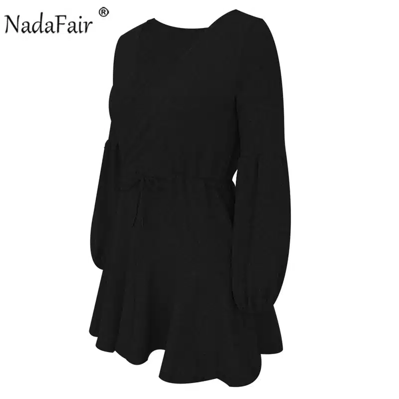 Nadafair long puff sleeve knitted autumn winter dresses women deep v neck casual elastic waist lace up sweater sexy mini dress 27