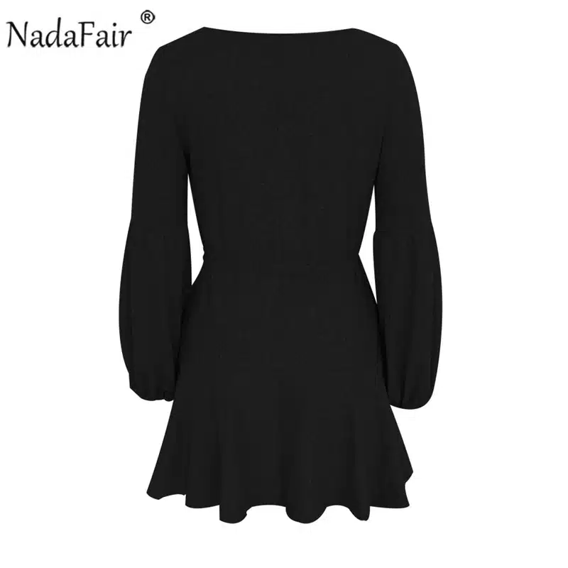 Nadafair long puff sleeve knitted autumn winter dresses women deep v neck casual elastic waist lace up sweater sexy mini dress 28