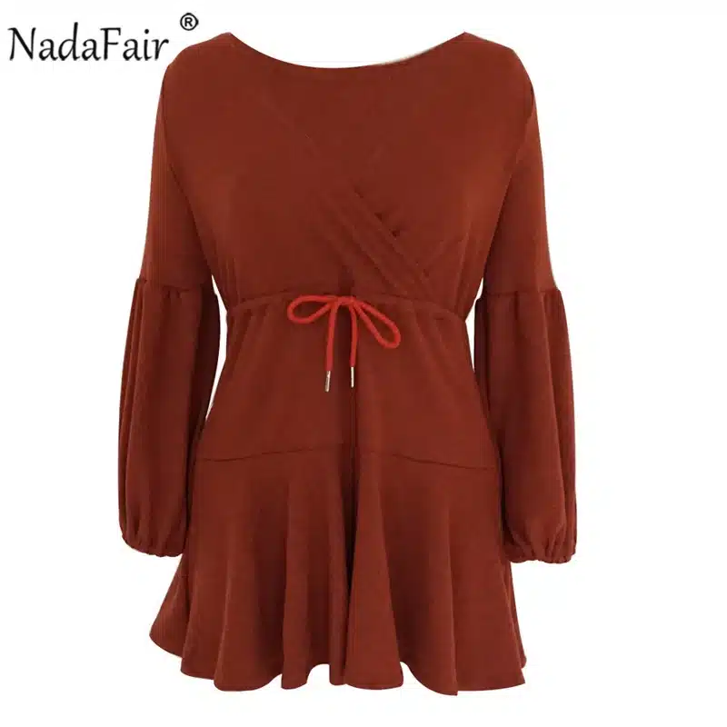 Nadafair long puff sleeve knitted autumn winter dresses women deep v neck casual elastic waist lace up sweater sexy mini dress 29