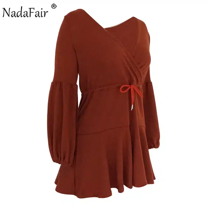 Nadafair long puff sleeve knitted autumn winter dresses women deep v neck casual elastic waist lace up sweater sexy mini dress 30