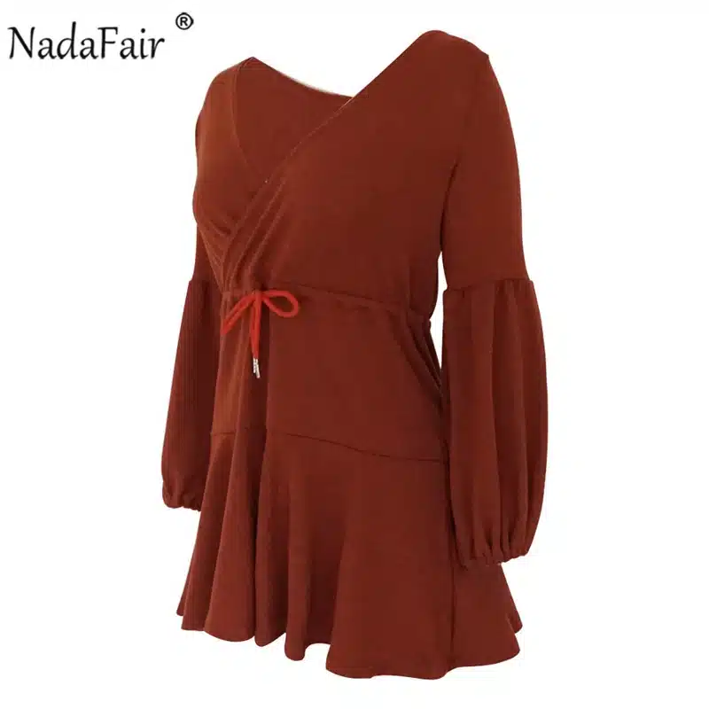 Nadafair long puff sleeve knitted autumn winter dresses women deep v neck casual elastic waist lace up sweater sexy mini dress 31