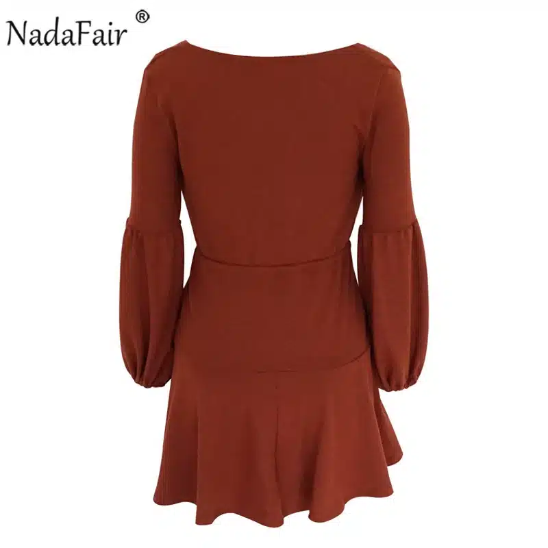 Nadafair long puff sleeve knitted autumn winter dresses women deep v neck casual elastic waist lace up sweater sexy mini dress 32