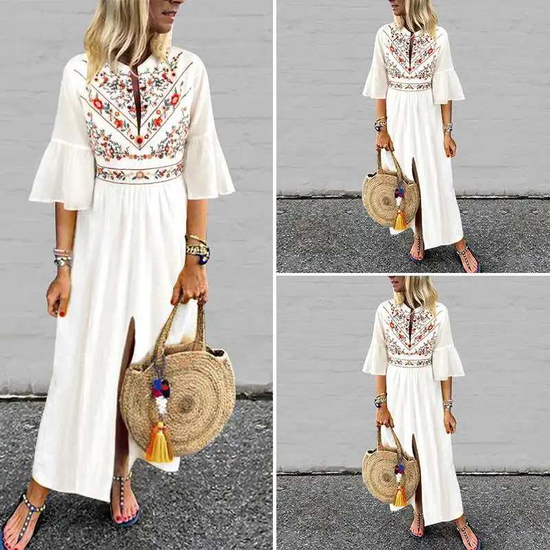 Bohemian Women Vintage Print Dress 2019 VONDA Sexy V Neck Ruffle Sleeve Split Maxi Long Dresses Plus Size Casual Loose Vestidos 4