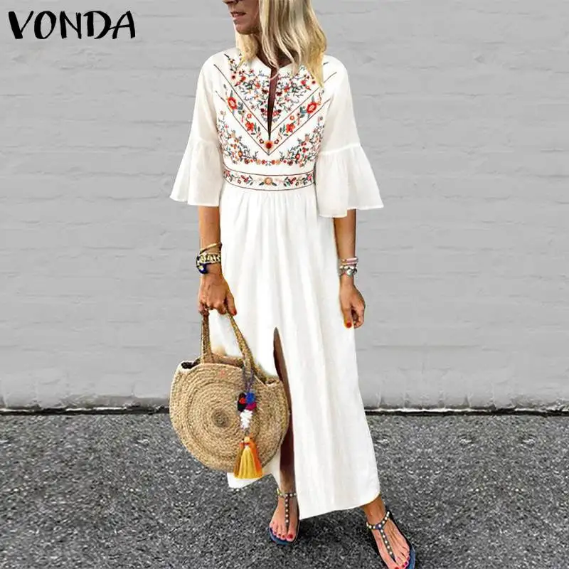 Bohemian Women Vintage Print Dress 2019 VONDA Sexy V Neck Ruffle Sleeve Split Maxi Long Dresses Plus Size Casual Loose Vestidos 5