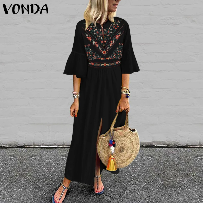 Bohemian Women Vintage Print Dress 2019 VONDA Sexy V Neck Ruffle Sleeve Split Maxi Long Dresses Plus Size Casual Loose Vestidos 7