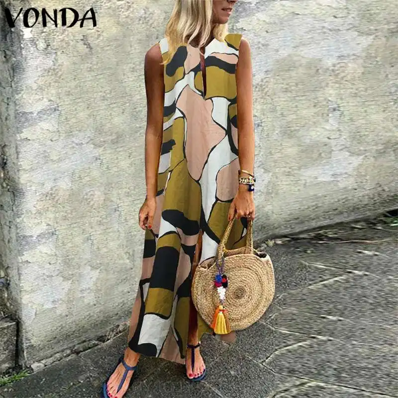 VONDA Bohemian Women Maix Long Dress 2019 Summer Vintage Printed Sexy V Neck Sleeveless Dress Casual Split Ankle-length Vestidos 13