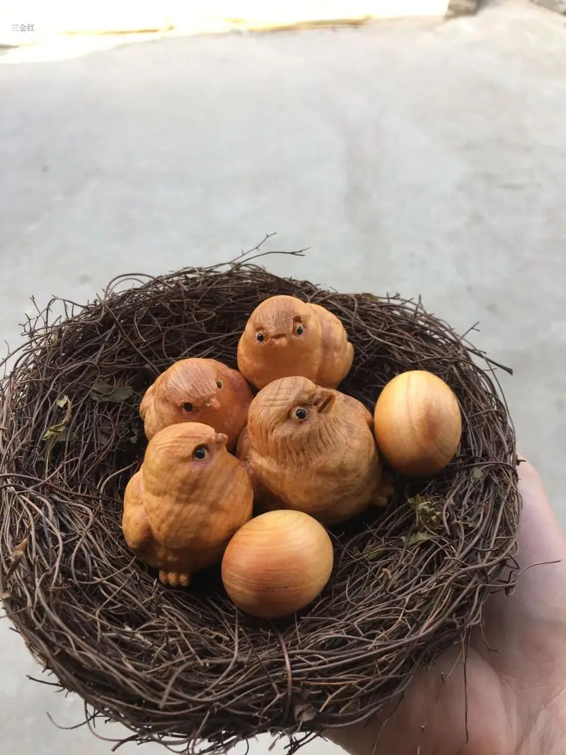 puidust tibud ja munad pesas, mida hoitakse käes