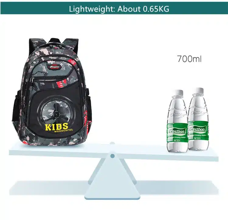sõjaväemustriline poiste seljakott kaalubumbes 0.65 kg, kõrval kaks 700 ml veepudelit