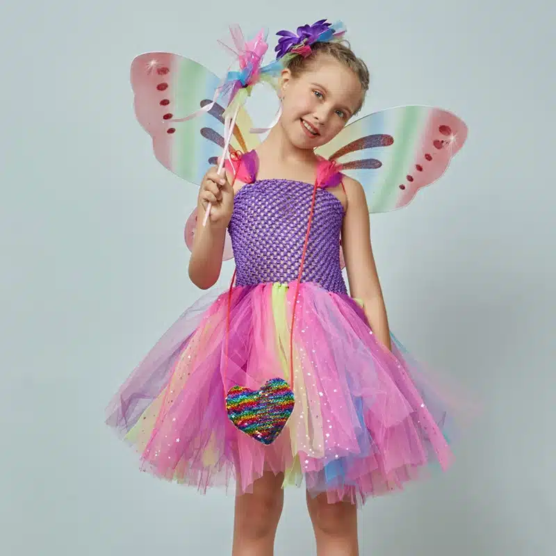 Girls Butterfly Fairy Fancy Tutu Dress Wings Costume Kids Princess Birthday Party Dress Halloween Cosplay Kids Spring Tulle Dress (5)