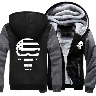 USA SZIE Punisher Skull Men's Jackets Winter Fleece Zipper Thicken Fleece Male Coat Men Hooded Hoodies Sweatshirts Outerwear 18