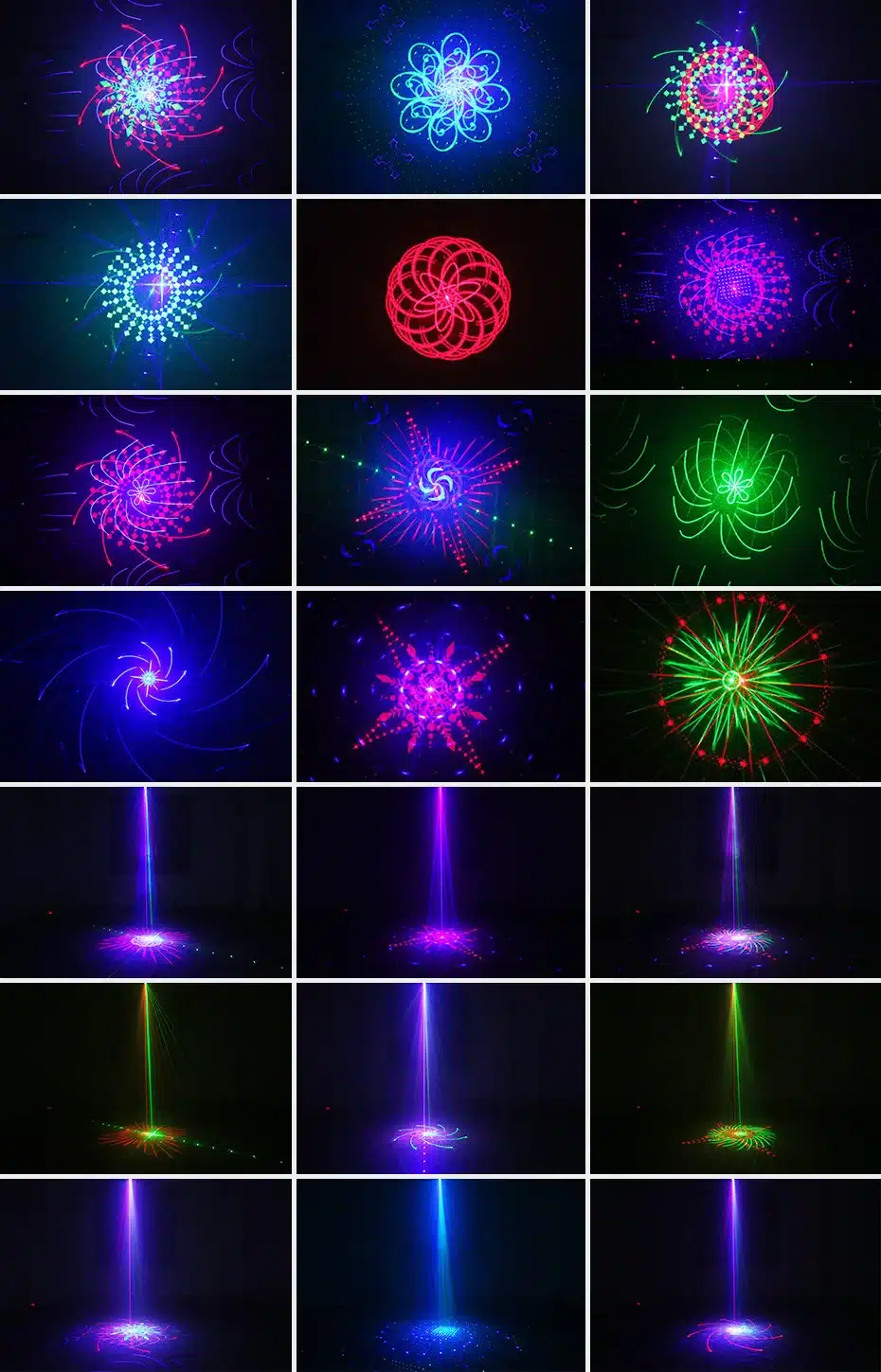 värvilised laserkiired loovad erinevaid mustreid pimedas ruumis
