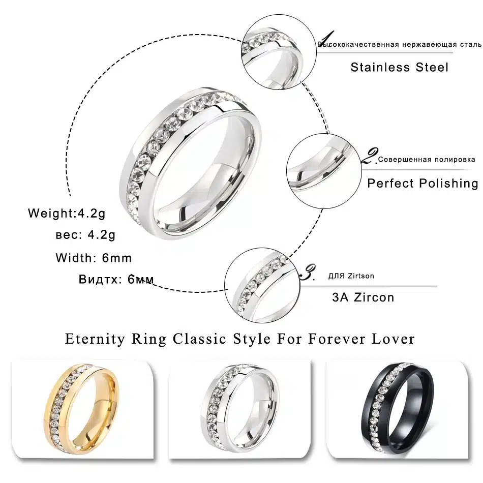 Twinkling Titanium Steel Sliver Ring with Rhinestone 5-11 Size Luxury jewelry for Woman And Man KR27 12