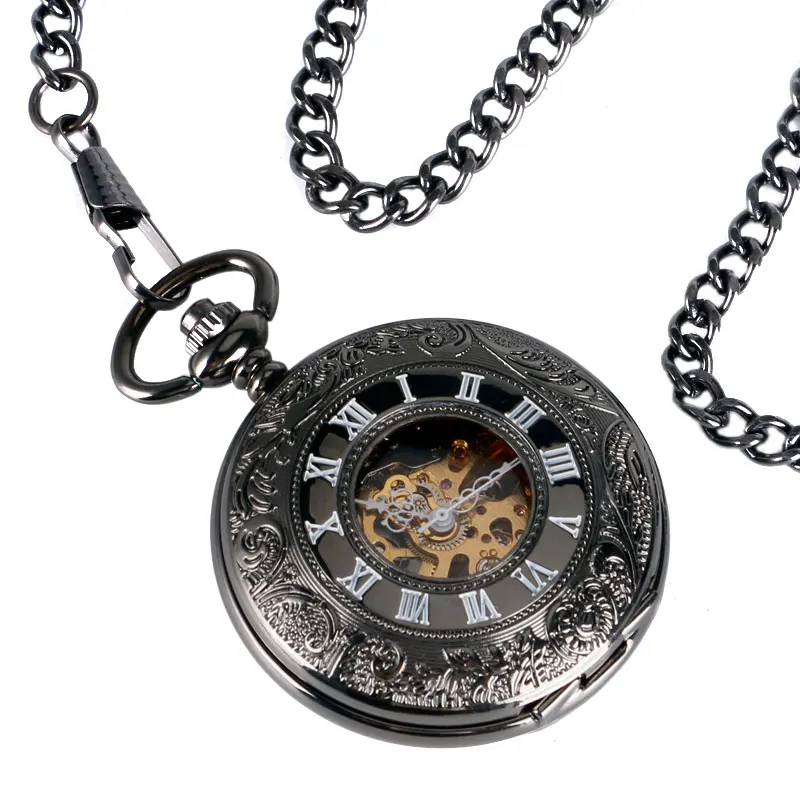 Steampunk Automatic Mechanical Pocket Watch Black Cool Luxury Stylish Vintage Carving Fob Chain Clock Retro Fashion Pendant 3
