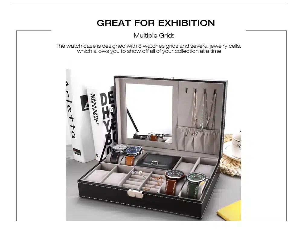 2 In 1 8 Watch Box Grids+3 Mixed Grids PU Leather Watch Case Storage Organizer Box Luxury Jewelry Ring Display Watch Boxes Black 10