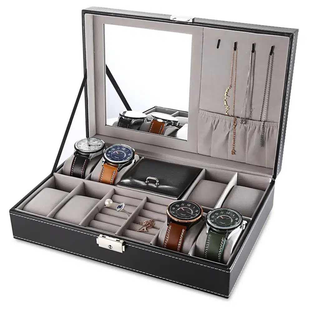 2 In 1 8 Watch Box Grids+3 Mixed Grids PU Leather Watch Case Storage Organizer Box Luxury Jewelry Ring Display Watch Boxes Black 16