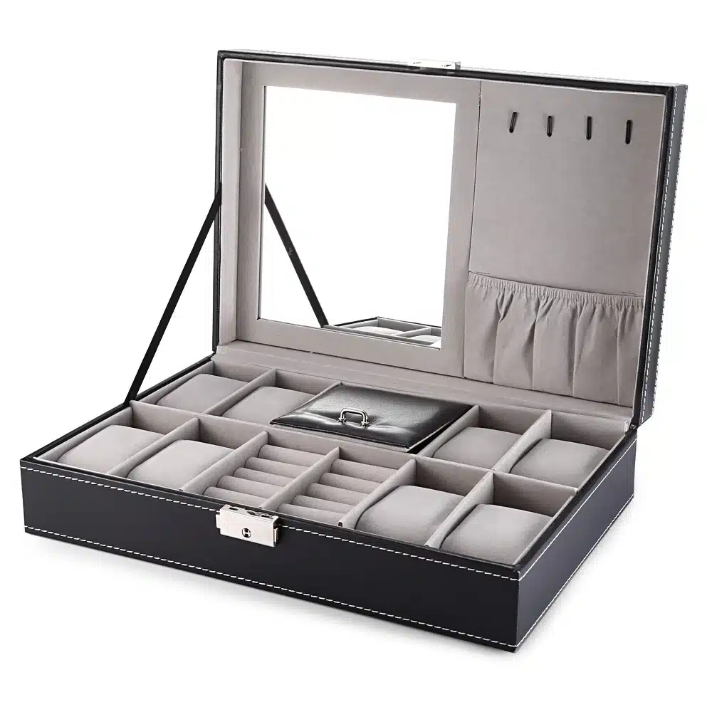 2 In 1 8 Watch Box Grids+3 Mixed Grids PU Leather Watch Case Storage Organizer Box Luxury Jewelry Ring Display Watch Boxes Black 17