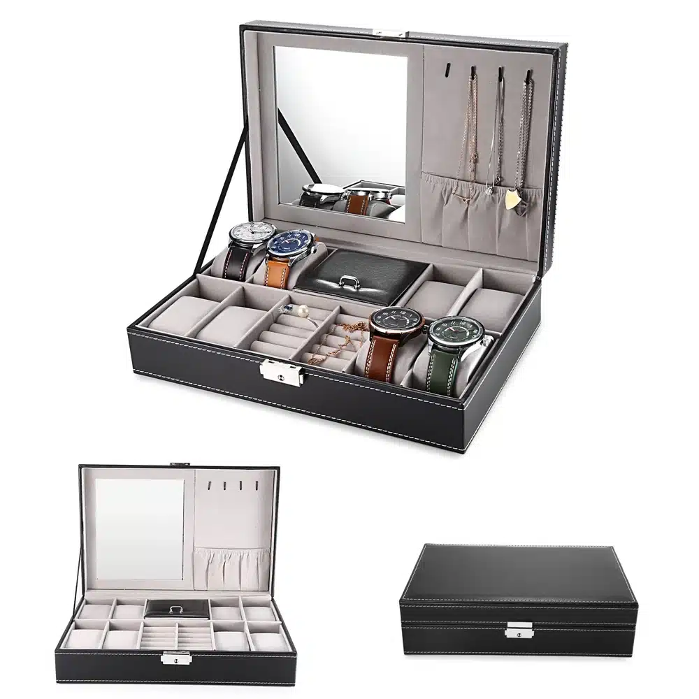 2 In 1 8 Watch Box Grids+3 Mixed Grids PU Leather Watch Case Storage Organizer Box Luxury Jewelry Ring Display Watch Boxes Black 18