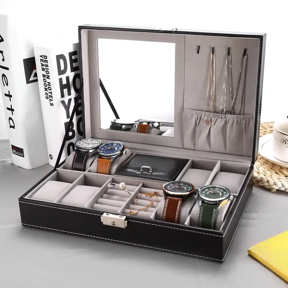 2 In 1 8 Watch Box Grids+3 Mixed Grids PU Leather Watch Case Storage Organizer Box Luxury Jewelry Ring Display Watch Boxes Black 21