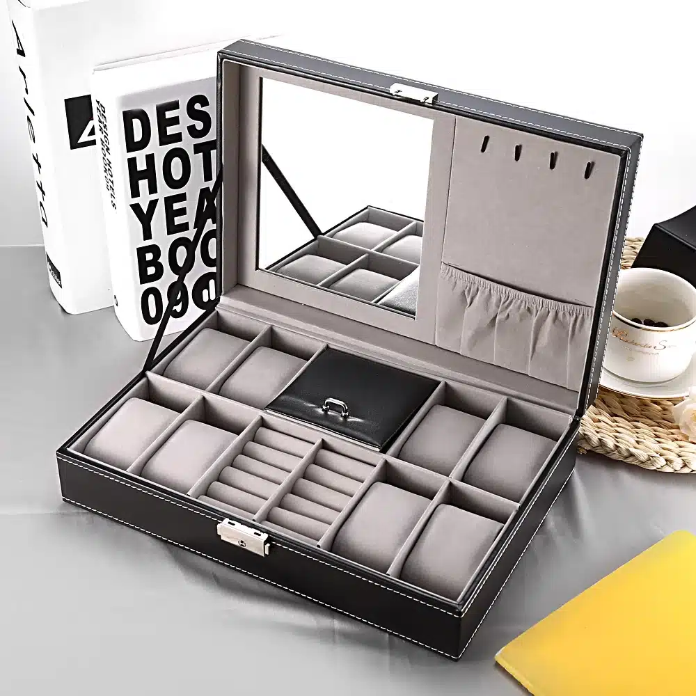 2 In 1 8 Watch Box Grids+3 Mixed Grids PU Leather Watch Case Storage Organizer Box Luxury Jewelry Ring Display Watch Boxes Black 22