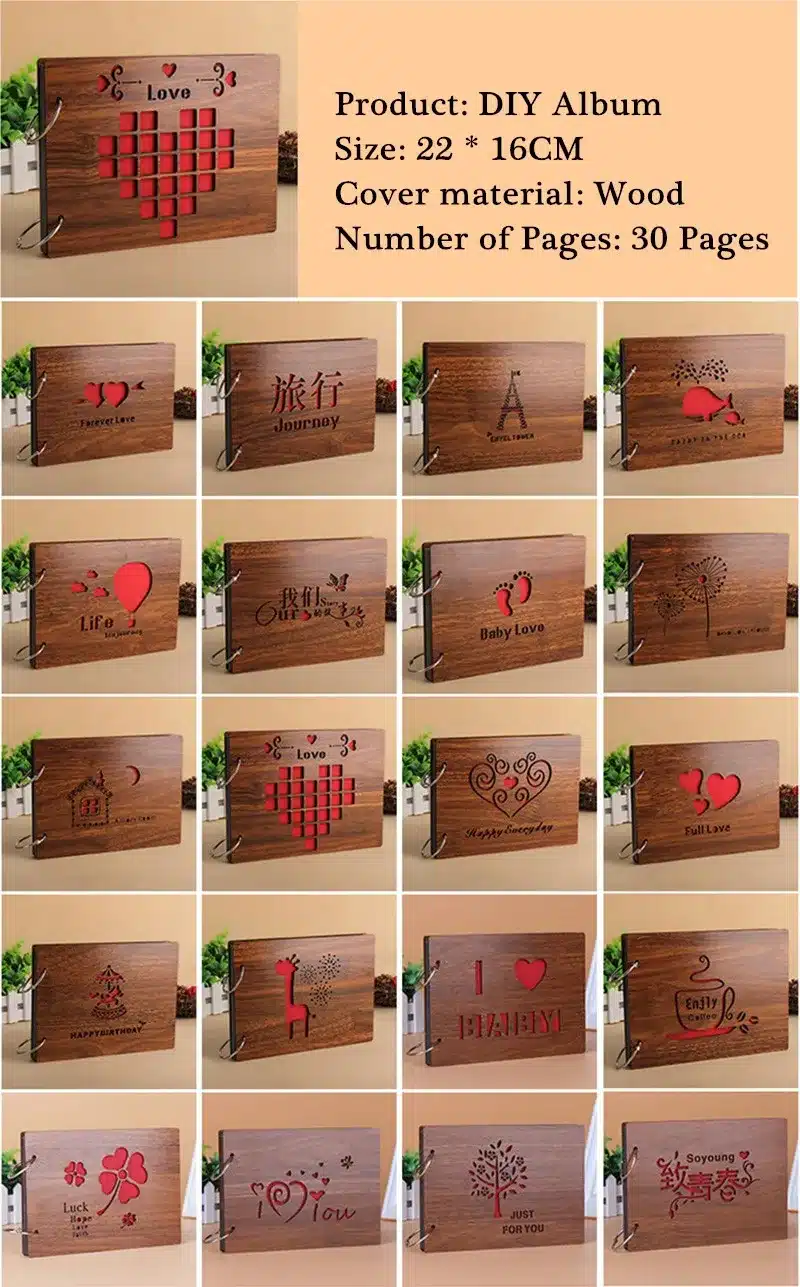 Photo Albums 8 Inch Hot Red Wood Cover Albums Handmade Loose-leaf Pasted Photo Album Personalized Baby Lovers DIY Photo Album 14
