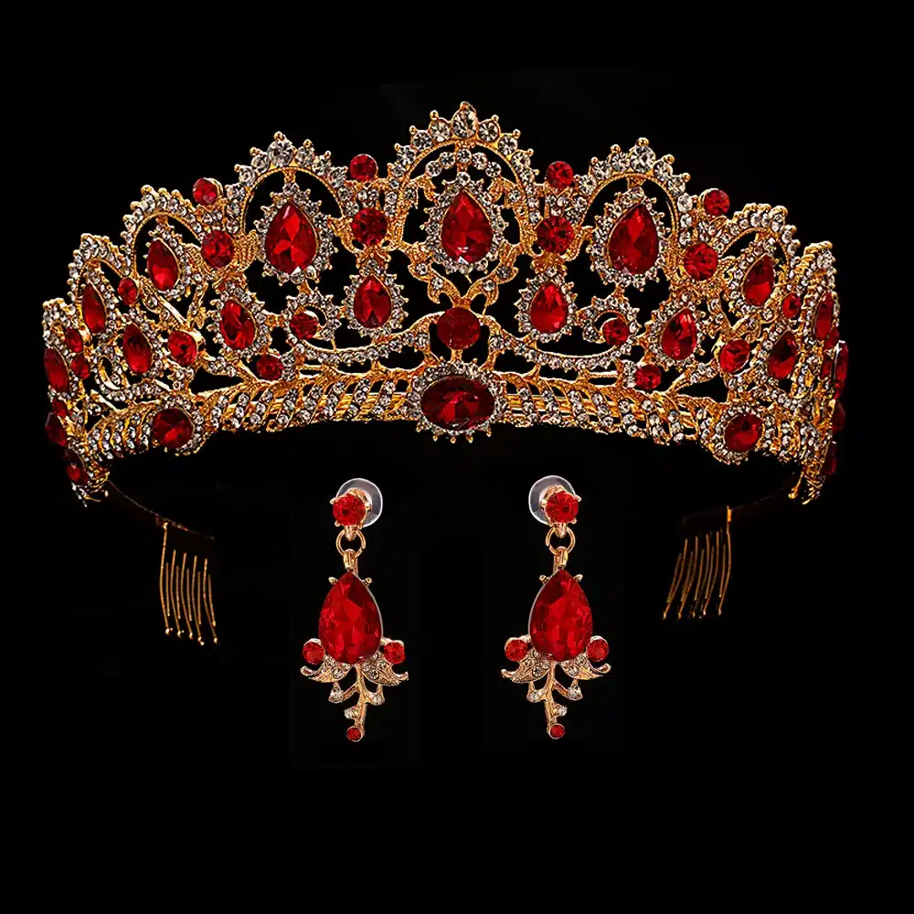 Red Queen crown Crystal bridal Tiaras bride crown and earrings Baroque headband Wedding Accessories diadem hair jewelry ornament 1