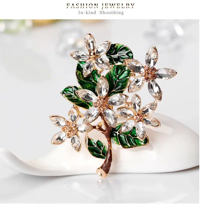 Green Tree Shiny Crystal Brooches Resin Brooch Drop Oil Enamel Pins for Girls Women Party Gifts Floral Jewelry Accessories 14