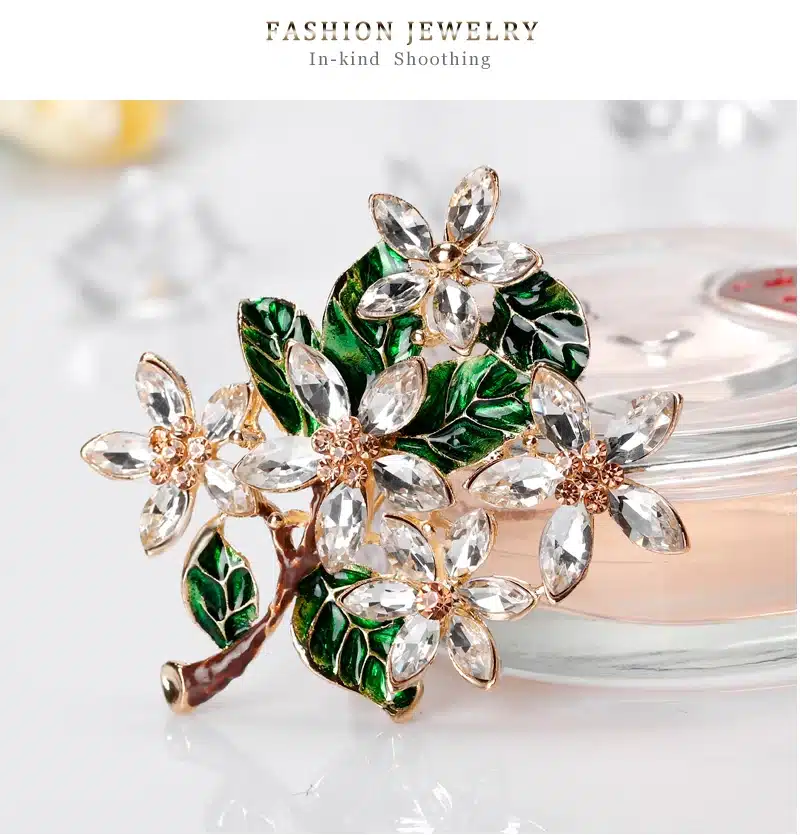 Green Tree Shiny Crystal Brooches Resin Brooch Drop Oil Enamel Pins for Girls Women Party Gifts Floral Jewelry Accessories 15