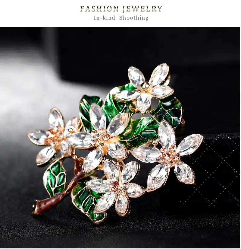 Green Tree Shiny Crystal Brooches Resin Brooch Drop Oil Enamel Pins for Girls Women Party Gifts Floral Jewelry Accessories 16