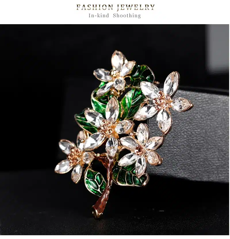 Green Tree Shiny Crystal Brooches Resin Brooch Drop Oil Enamel Pins for Girls Women Party Gifts Floral Jewelry Accessories 18