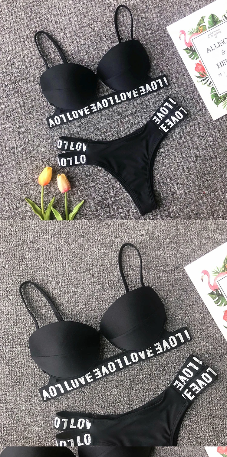 mustad push-up bikiinid valgete kirjadega