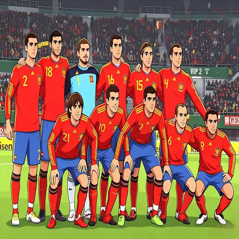 Anime stiilis Hispaania jalgpallimeeskond punastes vormides staadionil