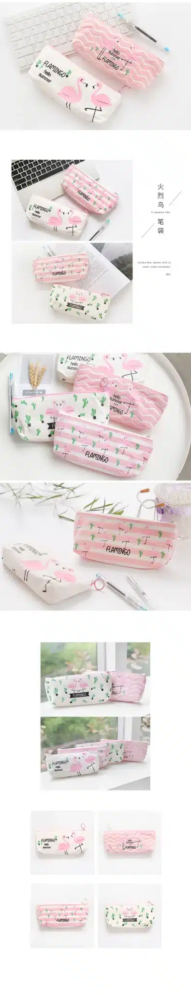 Kawaii Cute Pink Flamingo Canvas Pencil Case Storage Organizer Pen Bags Pouch Pencil Bag School Supply Stationery 10