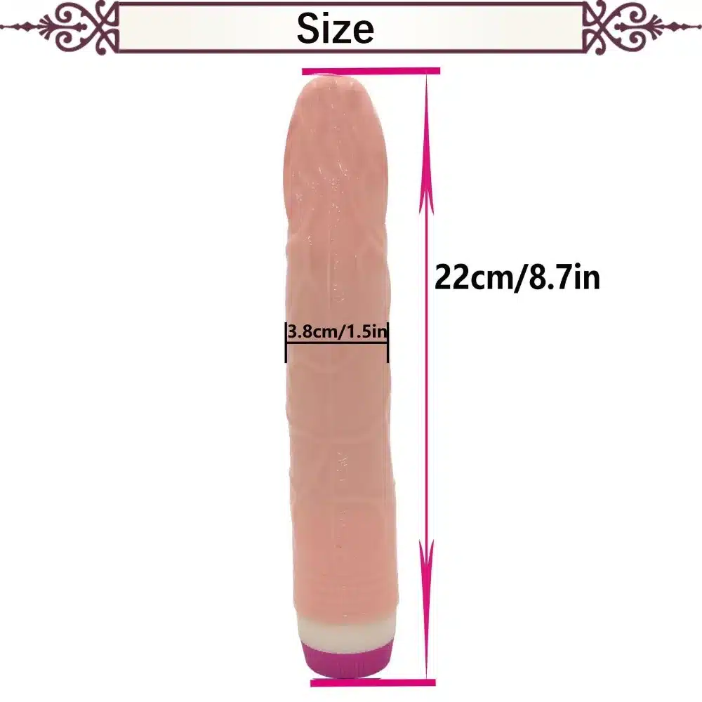 nahavärvi vibreeriv dildo, mille pikkus on 22 cm ja läbimõõt 3,8 cm