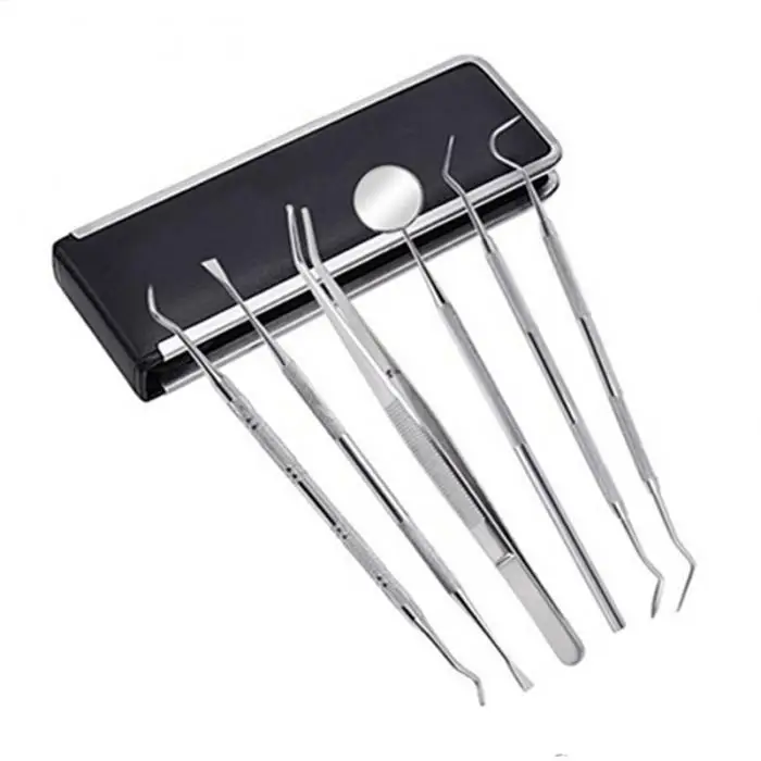 6 Pcs/Set Dental Tools Stainless Steel Hygiene Explorer Probe Hook Pick Scaler Mirror Tweezer Teeth Clean Kit With Case 7