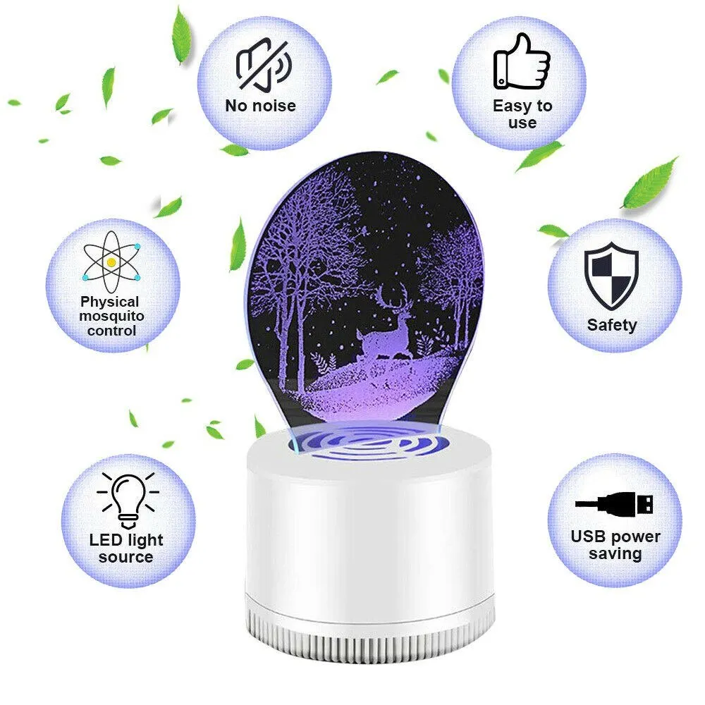 valge LED lamp 3D metsa ja hirve kujutisega, ümbritsetud ikoonidega, mis näitavad omadusi nagu müravaba ja energiasäästlik