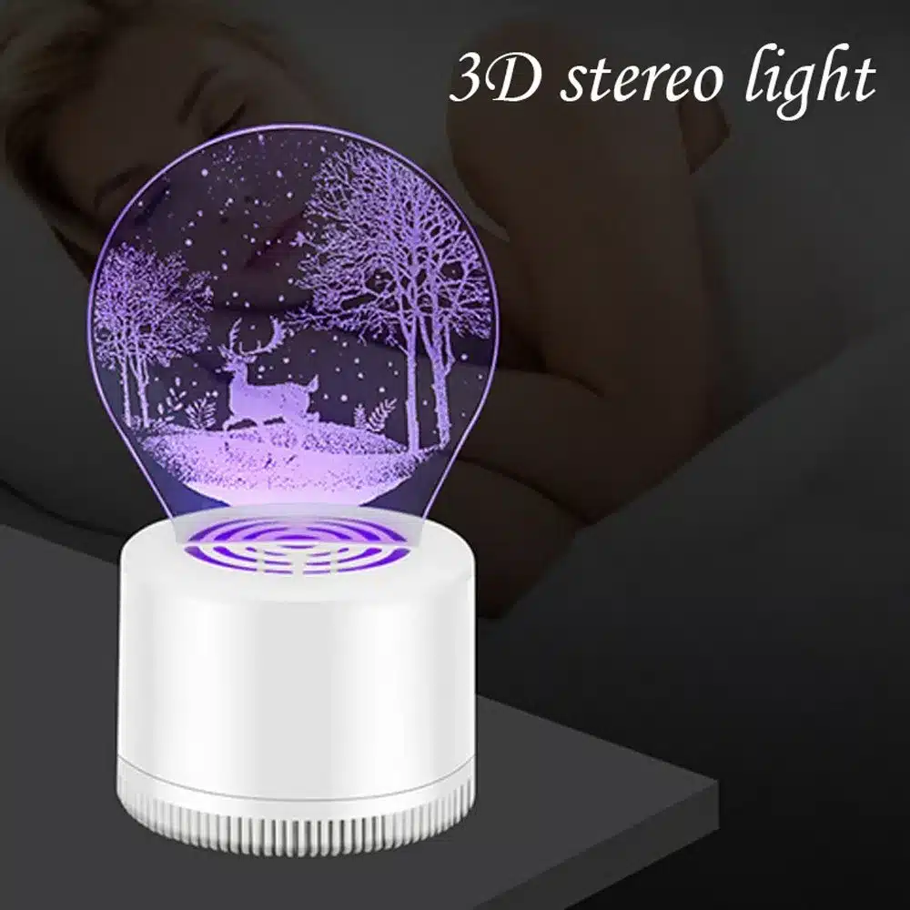 valge alusega 3D LED lamp, millel on lilla valgusega hirve ja puude kujutis