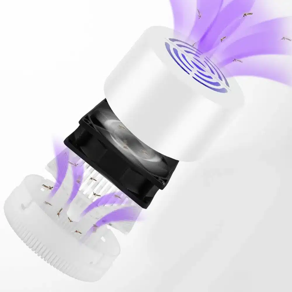 valge silindriline LED lamp, mille sees on ventilaator ja lilla valgus